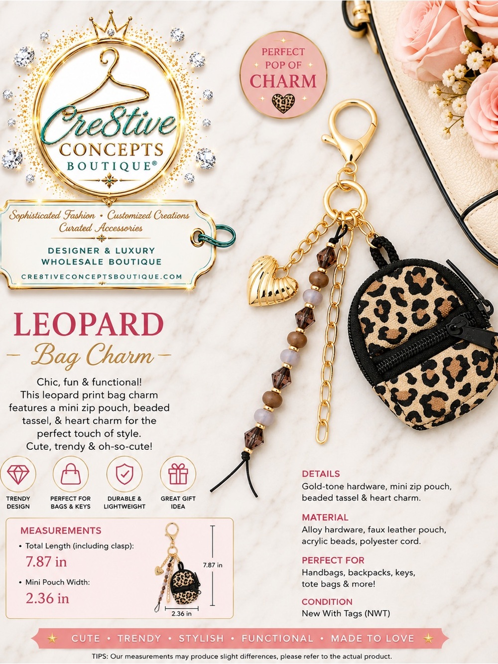 Leopard 5pcs Print Hand-Crafted Mini Coin Purse Bag Charm Keychain NWT